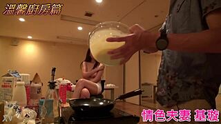Warm kitchen tempts this erotic couple into hidden play?