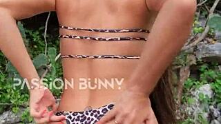Bikini girl flashes neighbors then fingers herself outdoors