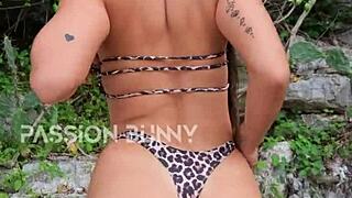 Bikini girl flashes neighbors then fingers herself outdoors