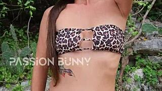 Bikini girl flashes neighbors then fingers herself outdoors