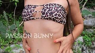 Bikini girl flashes neighbors then fingers herself outdoors