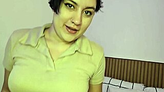 Latina brunette strips lingerie masturbates shaved pussy in bedroom solo POV