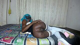 skinny ebony teases her wide juicy big pussy lips while horny masturbating solo trimmed