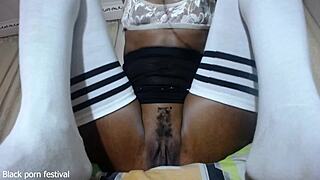 skinny ebony teases her wide juicy big pussy lips while horny masturbating solo trimmed