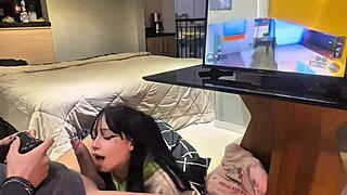 Skinny Brazilian Amberzinha Gives Perfect Blowjob During Call of Duty