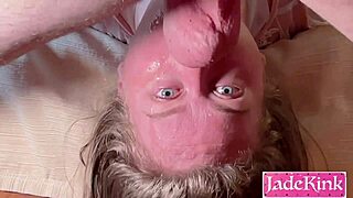 Fishnet slut tongues boyfriend's asshole deep