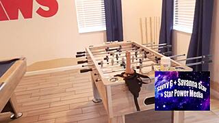chubby milf housewife licks another on pool table desk setup