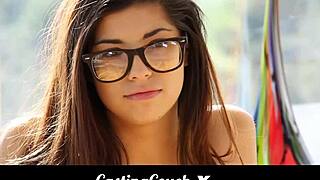 Nervous teen with glasses strips for casting couch interview then takes hardcore pounding
