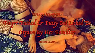 Granny Vampyra's pussy gets finger fucked and licked to orgasm by her familiar in cosplay hardcore