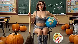 Witch teacher rides broomstick in halloween roleplay