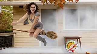 Witch teacher rides broomstick in halloween roleplay