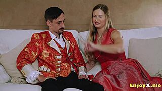 busty towheaded gargles hard-on with smooth-shaven pussy in hd