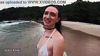 Alice strips micro bikini at beach
