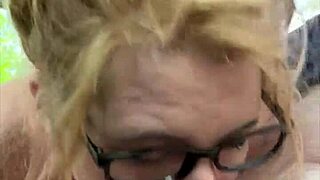streetwalker with glasses deepthroats a cock then sucks off every drop of cum after a man cums in her mouth