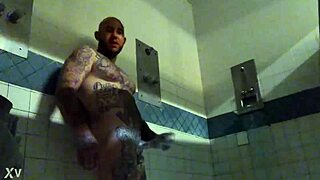 White tattooed prisoner masturbates his big cock. He gets a wet cumshot in prison