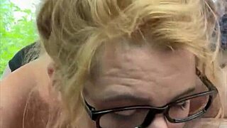 streetwalker with glasses deepthroats a cock then sucks off every drop of cum after a man cums in her mouth