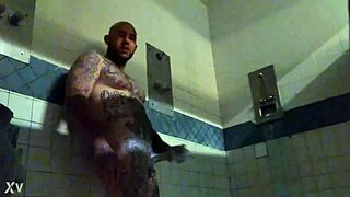 White tattooed prisoner masturbates his big cock. He gets a wet cumshot in prison