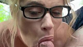 streetwalker with glasses deepthroats a cock then sucks off every drop of cum after a man cums in her mouth