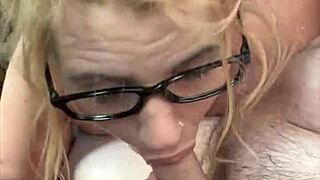 streetwalker with glasses deepthroats a cock then sucks off every drop of cum after a man cums in her mouth