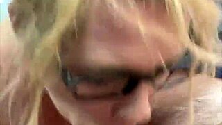 streetwalker with glasses deepthroats a cock then sucks off every drop of cum after a man cums in her mouth