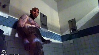 White tattooed prisoner masturbates his big cock. He gets a wet cumshot in prison