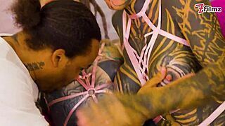 Heavily tattooed babes share bbc and white cock in group mayhem