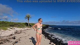 Pretty girlfriend nude and sucking dick on a public beach