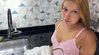 She got fucked by the young maid while cleaning the kitchen