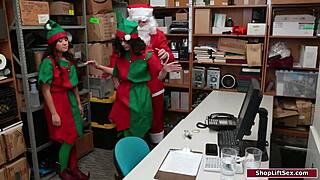 Asian and latina get fucked by santa officer at work