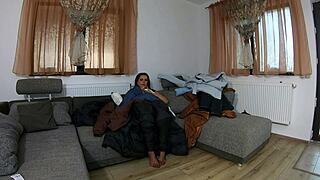Curvy housewife masturbates in fluffy down jackets with dirty talk
