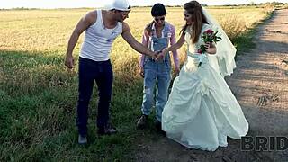 bride4k threesome with sexy teen 18+ bride with natural tits in the car