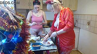 Erotic new years eve cooking in a thong and beautiful lingerie