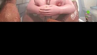 brunette with big firm tits gives pov blowjob in shower