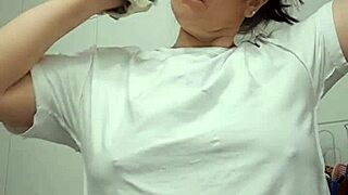 Mom gets fucked by surprise and creampied standing in bathroom