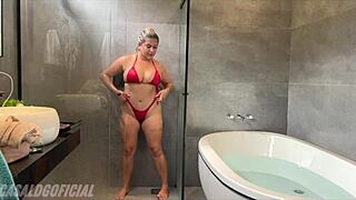 Hotwife showers with friend then husband joins for raw sex