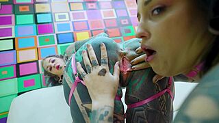 Hot pink lingerie girl girl anal dildo session