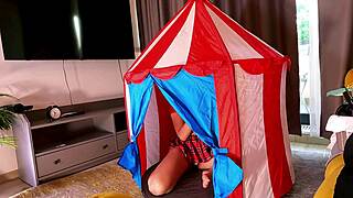 petite brunette babe teases cocks in tent