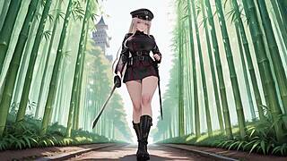 blonde valkyrie undresses in her high slit black uniform
