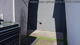 Outdoor shower hair wash and shaving session