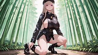 blonde valkyrie undresses in her high slit black uniform