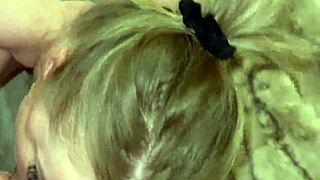 Pretty blonde stepmom gives sloppy deepthroat blowjob at home