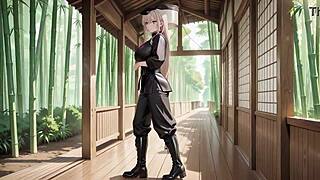 blonde valkyrie undresses in her high slit black uniform