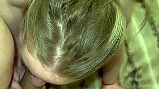 Pretty blonde stepmom gives sloppy deepthroat blowjob at home