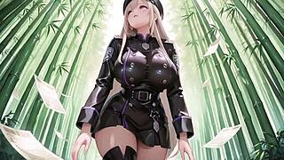blonde valkyrie undresses in her high slit black uniform