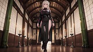 blonde valkyrie undresses in her high slit black uniform