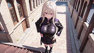 blonde valkyrie undresses in her high slit black uniform
