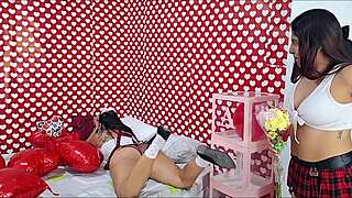 busty stepmother and curvy stepdaughter celebrate valentines day by having lesbian sex
