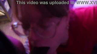 the cute white girl in glasses gives sloppy throat to big black cock