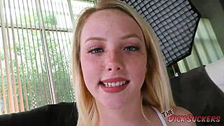 blonde dixie lynn covered in cum after jerking big cock