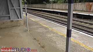 Naughty british teen gives handjob at station